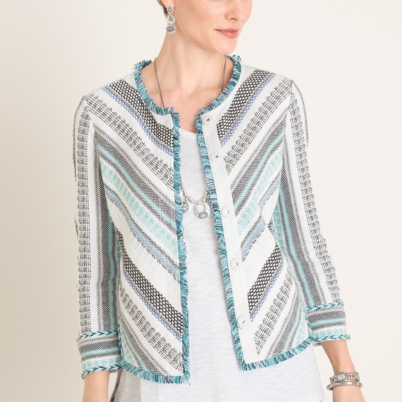 Chico’s Jacket-Weight Cardigan XL Fringe-Trim Size 3 Snap-Front 3/4 Sleeves - Picture 1 of 9